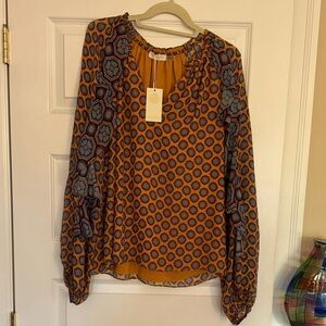 100% Silk Ramy Brook Orange and Blue Patterned Blouse New w/Tags